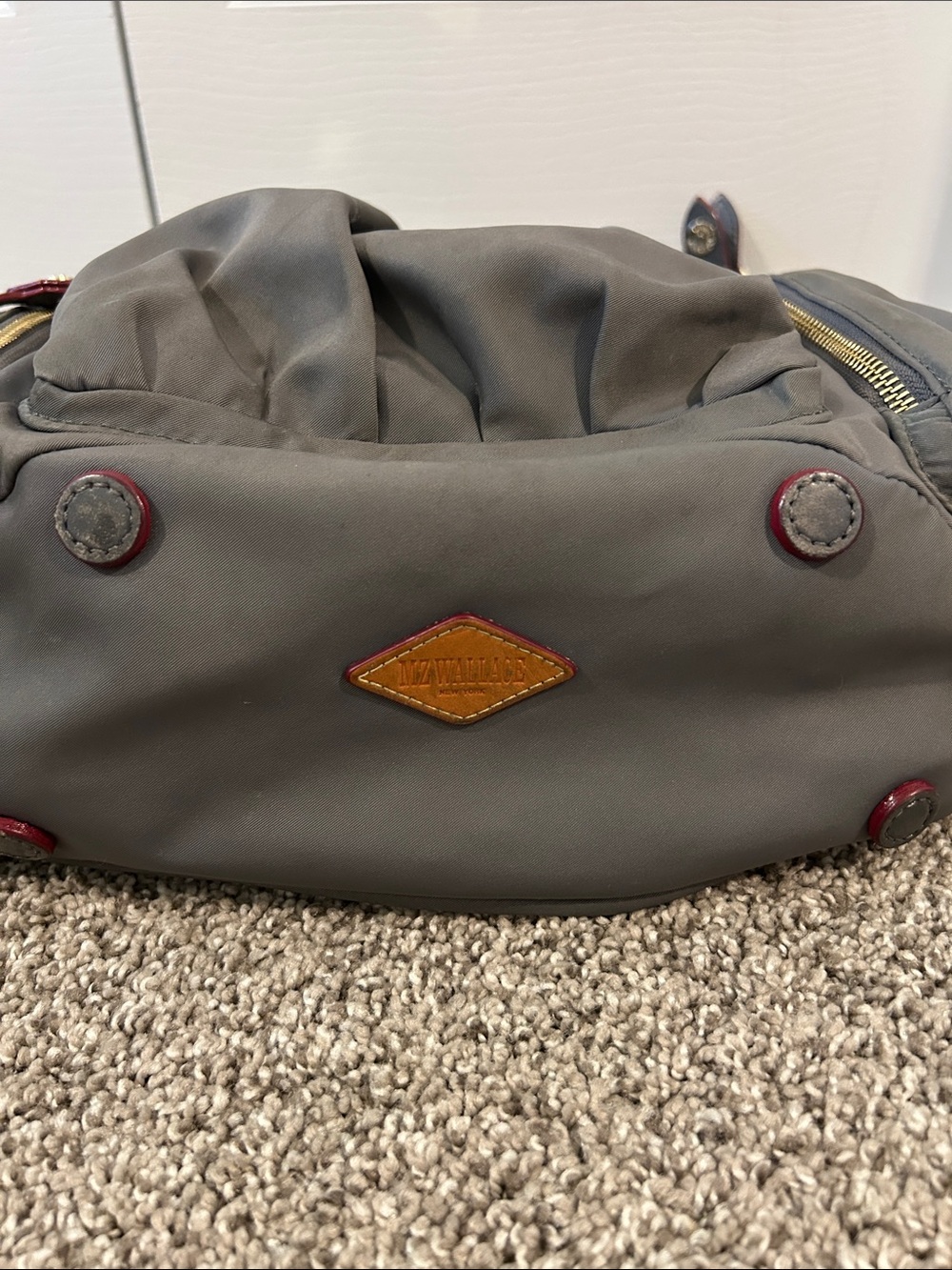 MZ Wallace Gray Nylon Backpack with Red Trim and Gold Hardware - Picture 5 of 6